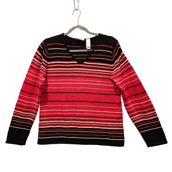 Liz Claiborne Petite Sweater Womens M Red Black Stripes Stretchy Bold Colorful - Picture 1 of 12